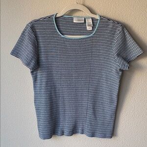 Vintage Liz Claiborne Black White & AQUA BLUE Striped Short Sleeve T crew neck